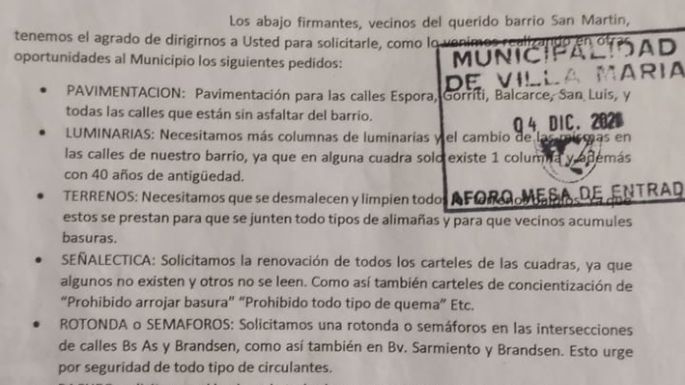 Vecinos del San Martín pidieron al intendente mejoras para el barrio