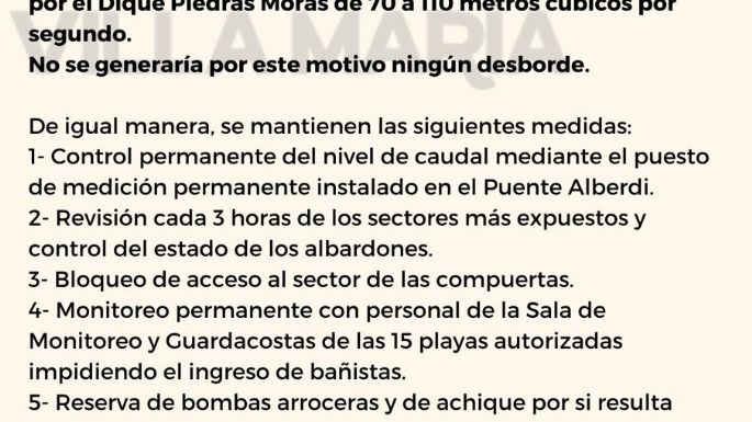 Aumentan la erogación de agua en el dique Piedras Moras
