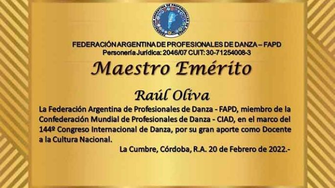 Lo reconocerán por su aporte como docente de la danza