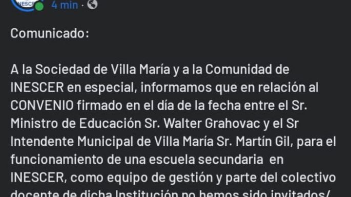 El Inescer sostuvo que no fueron invitados a participar de la firma de convenio