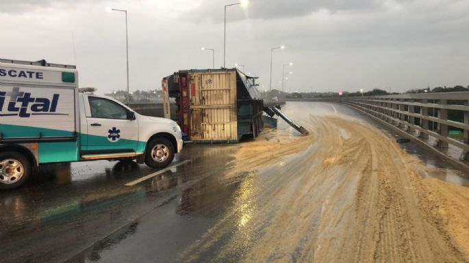 Un camión que transportaba granos volcó en Circunvalación