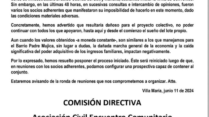 Obra de infraestructura pospuesta en el loteo Cuenca del Sol