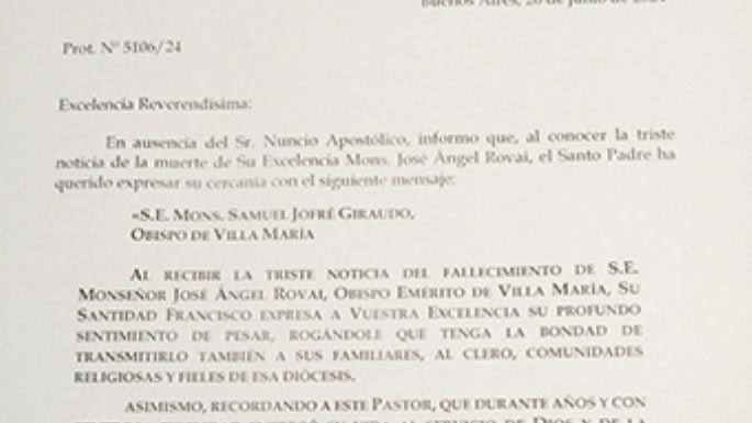 El papa transmitió su pésame por la muerte de Ángel Rovai