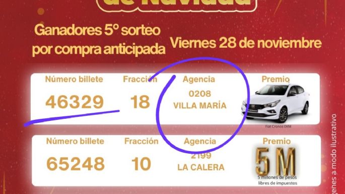 Un vecino de Villa María ganó un auto del Gordo de Navidad