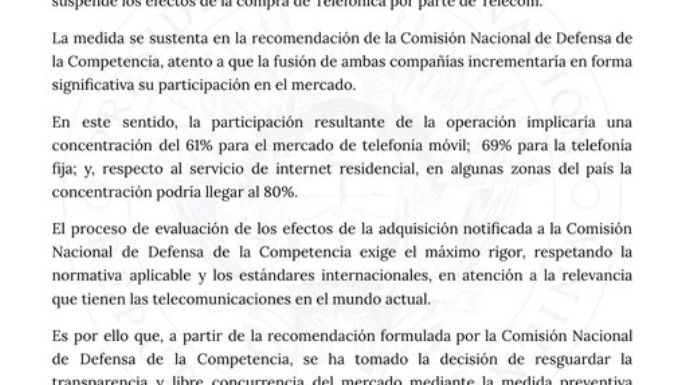 El Gobierno suspendió la compra de Telefónica por parte de Telecom