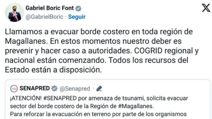 Terremoto y riesgo de tsunami en el sur de Chile